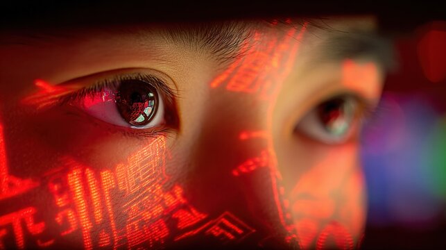 Close-up of a child's face illuminated by red digital holographic projections with futuristic technology interface details and glowing eyes