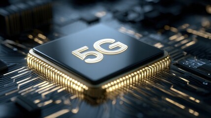 Hightech microchip with 5G printed circuit board technology showcasing advanced telecommunications and semiconductor components for fast data transfer