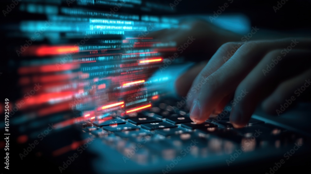 Poster close-up of a person's hand typing on a keyboard with colorful digital data streams and glowing ligh
