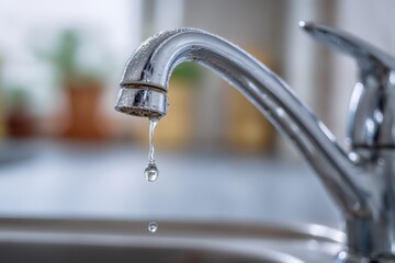 Close-up of a shiny stainless steel kitchen sink faucet with water droplets falling, modern indoor kitchen with blurred background and natural daylight