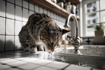 Cat Drinking Water from Kitchen Sink Tap
