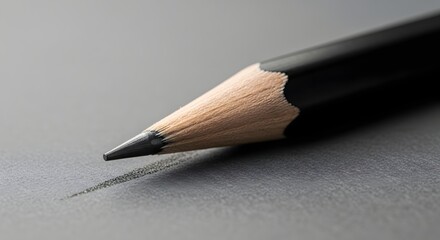 Close up of a sharpened black pencil drawing a thin grey line on a textured grey surface