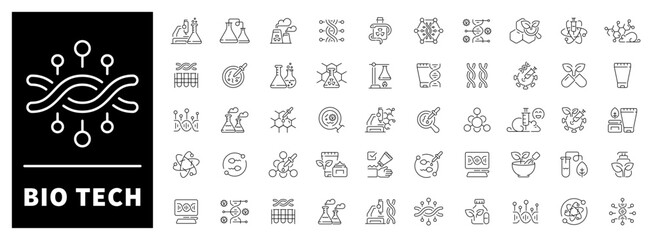 Bio tech and DNA analysis icons in a modern 50-icon linear biotech set