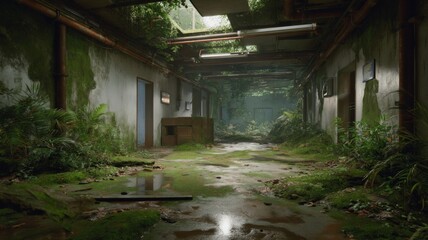 Fototapeta premium Abandoned industrial corridor with overgrown vegetation. AI generated