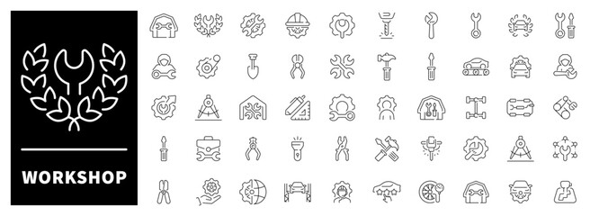 Workshop linear icons collection. Workshop and work activities in 50-icon linear set