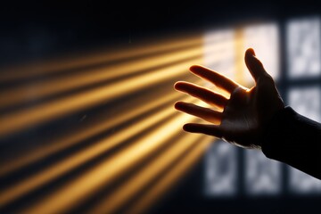 Close-up of a person's hand reaching towards sunlight streaming through a window with blinds creating shadow patterns in a dimly lit room