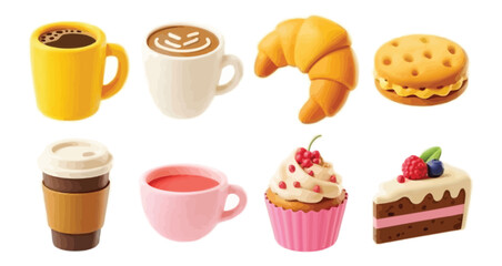 Set of eight illustrated dessert and drink icons including coffee mugs, croissant, cupcake, and layered cake, perfect for café and snack designs