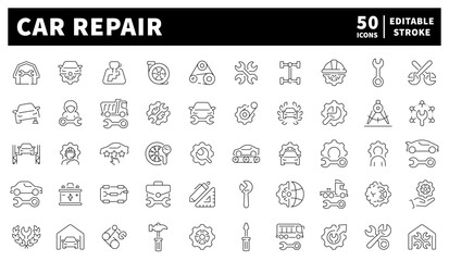 Car repair service, vehicle maintenance icons. Set of 50 linear icons related to car service