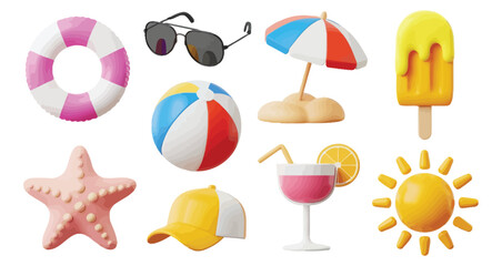 Set of nine illustrated summer icons including lifebuoy, sunglasses, umbrella, popsicle, and beach ball, perfect for vacation and seasonal designs