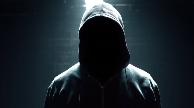 Mysterious Person Wea Dark Hoodie in Shadowy Background with Hood Up and Hidden Face Creating an Intriguing Atmosphere