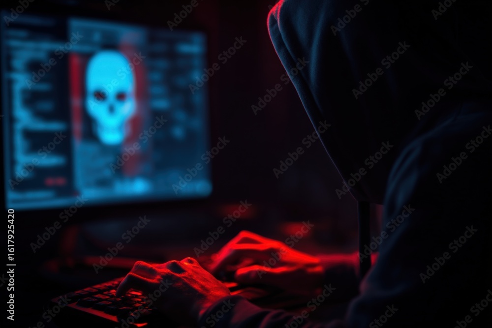 Poster person in dark hoodie hacking computer with skull icon on screen cybersecurity threat cyber attack m