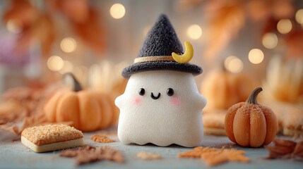 Cute Ghost Character with a Witch Hat, creating a cozy and magical Halloween atmosphere. This image is perfect for children's Halloween projects, holiday greeting cards, or social media content.