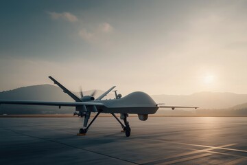 Military Drone Preparing for Flight at Dawn with Scenic Mountain Silhouette
