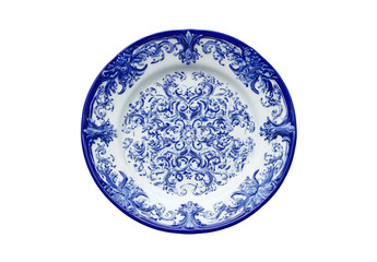 Round ceramic plate, intricate blue and white design