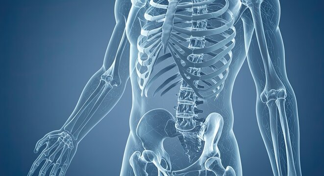 Xray view of human skeleton torso arms spine ribs pelvis