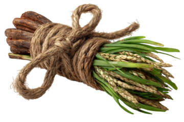 Rustic Charm Hand Tied Bundle of Harvested Wheat Green Grass and Dried Botanicals Bound by on transparent background