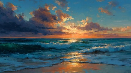 Vibrant ocean sunset with dramatic clouds. AI generated