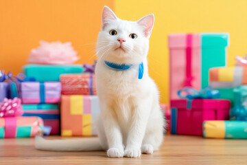 White Cat Sitting in Front of Colorful Gift Boxes
