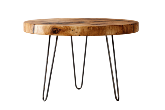 Round Wooden Table: A meticulously crafted round wooden table, displaying its natural wood grain, stands as a symbol of design and functional elegance, with an industrial design style.
