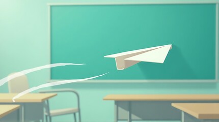 Paper Airplane Soaring Above Empty Classroom: Teal Blackboard, Soft Lighting, Dreamy Atmosphere