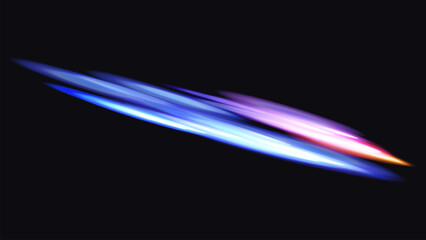 Dynamic light streaks with a futuristic, high speed blur effect, featuring vibrant blue, purple, and orange hues against a dark background. 