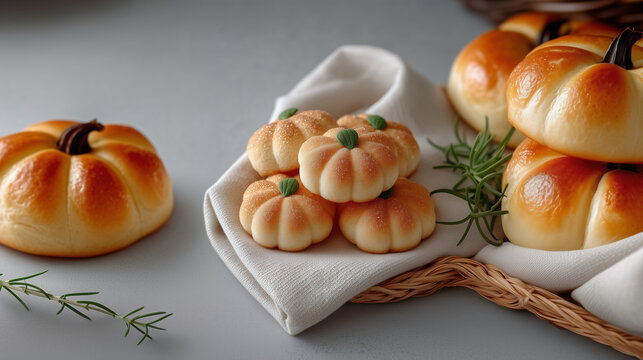 Charming Pumpkin-Shaped Dinner Rolls and Buns. This image is excellent for a bakery,a grocery store, or a food blog during the autumn and holiday seasons,especially around Halloween and Thanksgiving

