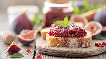 Fig jam spread on a slice of warm toasted brioche, with fresh fig halves and a drizzle of honey around.