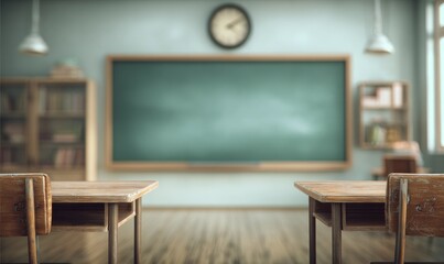 Empty vintage classroom with chalkboard, desks, and bookshelves