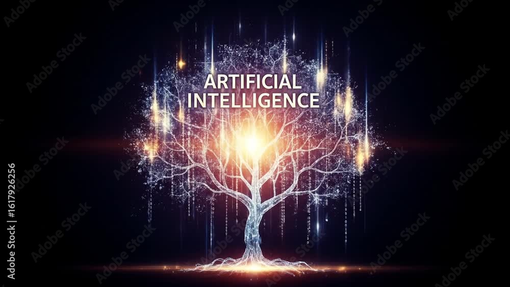 Poster abstract digital tree representing artificial intelligence, with glowing branches and text.