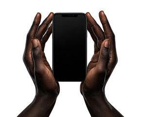 Smartphone held gently by two dark hands against a black background