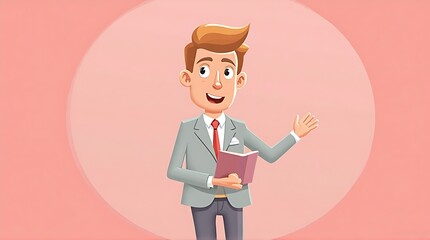 Animated Businessman Giving Presentation, Pastel Pink Background, Cartoon Style Illustration