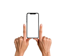 Two hands hold a black smartphone with a blank screen