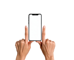 Two hands hold a black smartphone with a blank screen