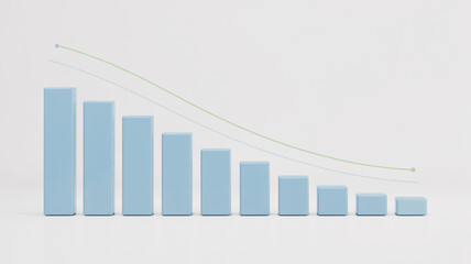 Blue bar chart showing a downward trend with a dashed line graph