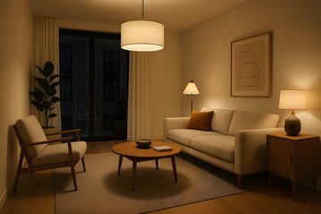 Modern living room with cozy furniture and warm lighting