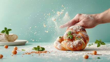 A baker's hands shape a pretzel dough into a knotted masterpiece in a vibrant illustration.
