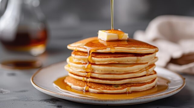 A stack of fluffy pancakes drizzled with maple syrup and topped with butter.