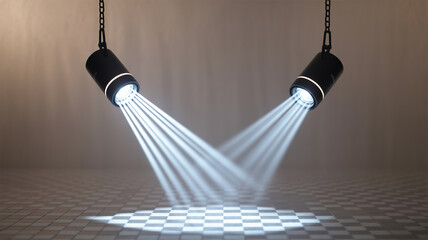 Two spotlights illuminating a checkered floor with dramatic light beams