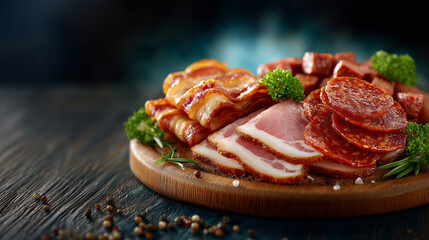 Rustic Deli Meats and Cheese Arrangement. The rustic and abundant feel of the image is perfect for campaigns related to charcuterie boards, appetizers, holiday gatherings, or picnic baskets. 