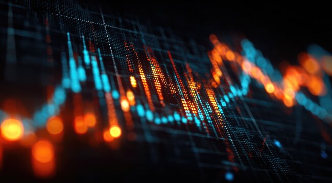 Abstract close-up of a digital screen displaying dynamic, glowing graphs with rising and falling data points, suggesting financial or technological trends