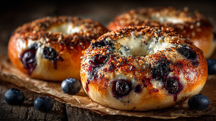 Close-Up of a Gourmet Blueberry Bagel with Poppy and Sesame Seeds. The rustic setting with a dark wooden table and soft lighting creates a warm, comforting vibe perfect for food and lifestyle content.