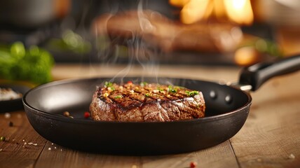 A thick-cut steak sears in a sizzling skillet, releasing a mouthwatering aroma.