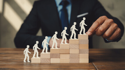 Businessman guiding paper figures up a staircase of wooden blocks symbolizing career growth