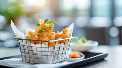 Crispy tempura of giant squid tentacle served with soy sauce and grated daikon radish.