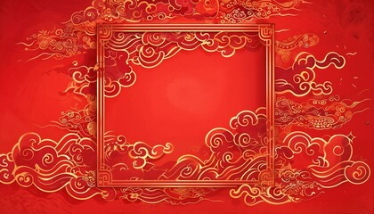 Obraz premium Vibrant Crimson Artwork Featuring Gold Dragons And Clouds
