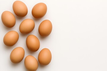 Brown eggs arranged on clean white background – top view
