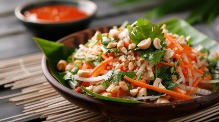 A colorful Thai salad with shredded green papaya, carrots, and peanuts in a lime dressing.