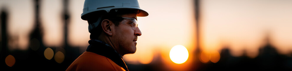 Construction worker wearing safety helmet silhouetted against warm industrial sunset.