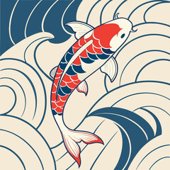 Red Koi Fish and Flowing Ribbons - Vector Illustration