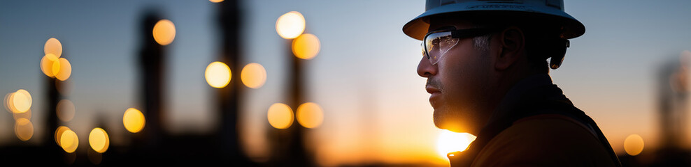 Industrial worker in safety helmet silhouetted against bokeh sunset lights.